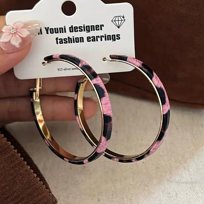 Boucles d'oreilles créoles rondes en cuir PU imprimé léopard rose 50MM pour femme