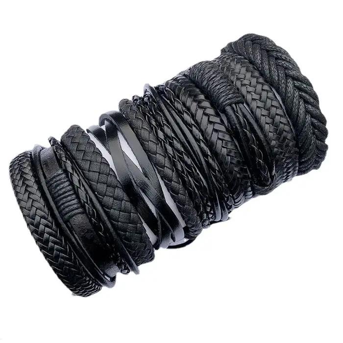 Ensemble de bracelets en cuir noir tressé à la main unisexe