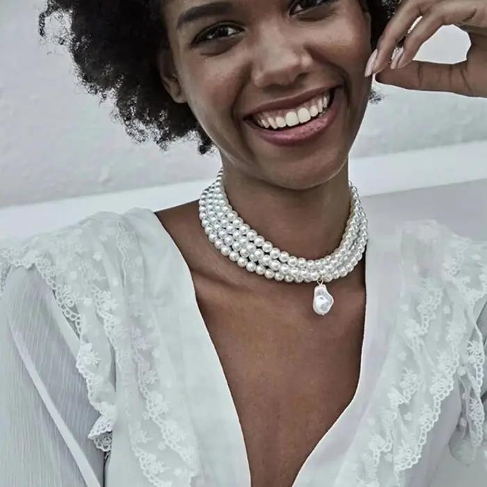 Collier ras du cou classique en perles rondes pour femmes