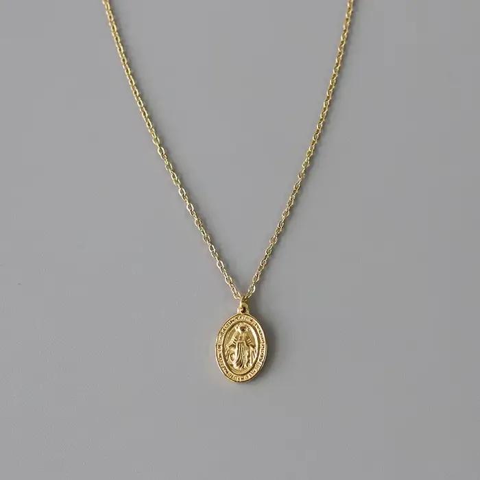 Amaiyllis 18k or vierge marie Double face ovale clavicule Collier pendentif fait à la main tour de cou Boho
