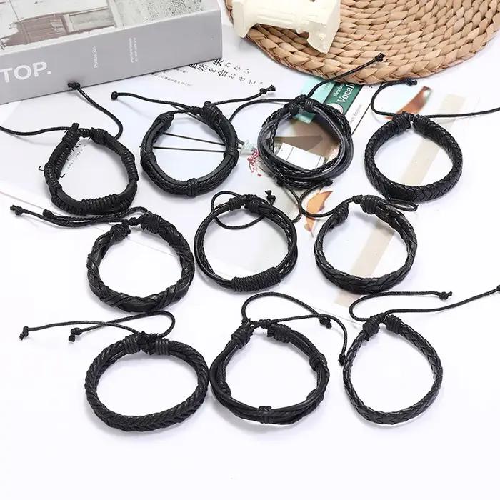 Ensemble de bracelets en cuir noir tressé à la main unisexe