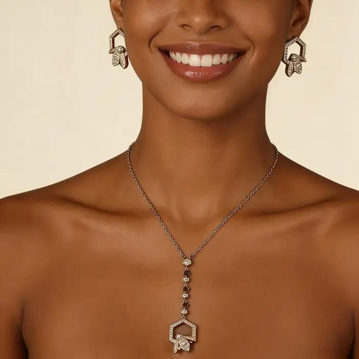 Ensemble collier et boucles d'oreilles en forme de Y plaqué or avec motif nid d'abeille pour femme