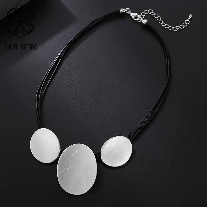Collier en cuir pour femme, argent carillon, tour de cou géométrique, bijoux fantaisie, accessoires