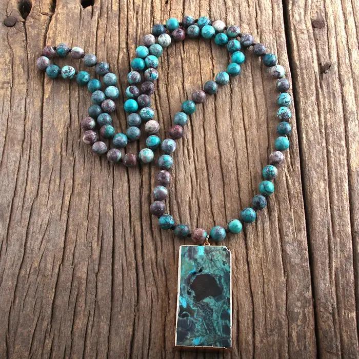 RH Fashion – collier bohème en pierres naturelles, Long, noué, Semi-précieux, pendentif rectangulair
