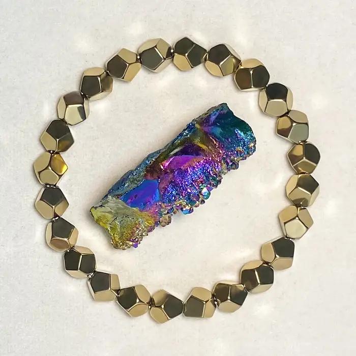 Bracelet en perles de pyrite naturelle facettées élastique pour richesse et chance bijou de guérison énergétique cadeau pour homme femme occasions spéciales