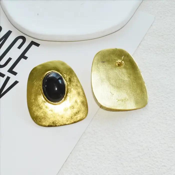 Boucles d'oreilles pendantes géométriques vintage en alliage métallique avec pierre noire pour femme