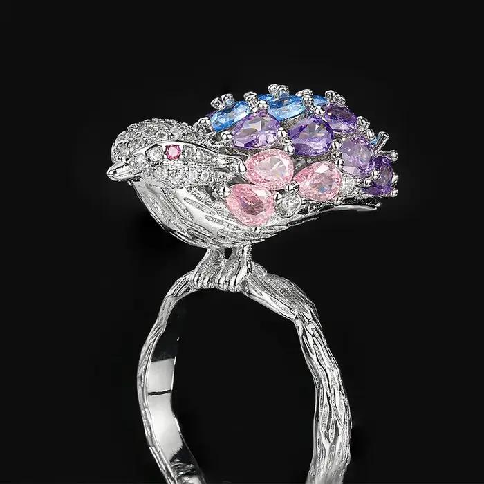 Bague Ajustable Arc-en-ciel pour Femme, Anneau Déclaration Unique en Cristal de Zircon Coloré, Motif