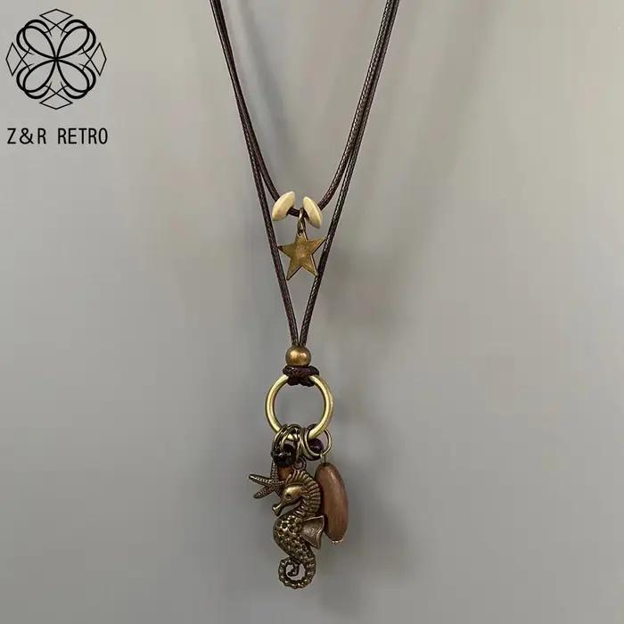 Collier en métal Antique cheval de mer fait à la main pour femmes, chaînes à col Long Vintage, pende
