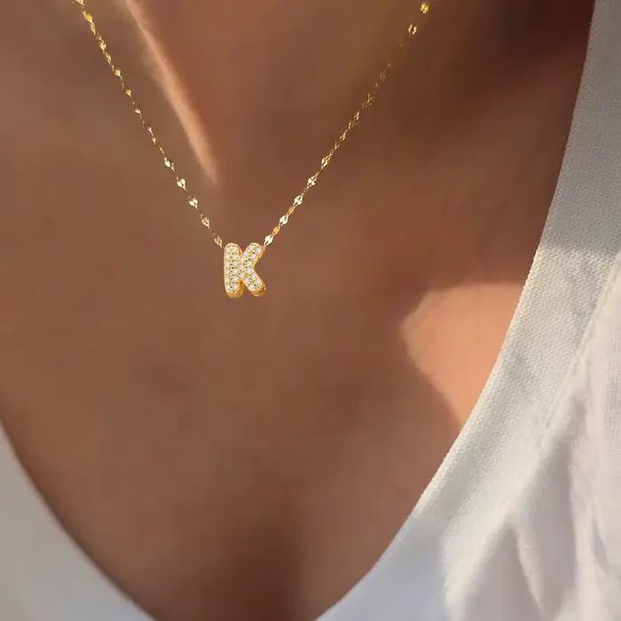 Collier avec initiale mignonne pour femmes et hommes, plaqué or, serti de zircon, collier à lettres en forme de bulle, bijoux d'anniversaire