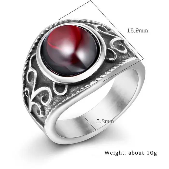 Bague gothique vintage en acier inoxydable avec fleurs gravées et grenat rouge pour hommes et femmes occasions spéciales