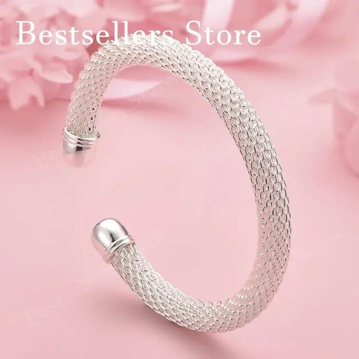 Bracelet ouvert en maille tissée exquise en argent sterling 925 pour femmes, idéal pour les soirées et les mariages.