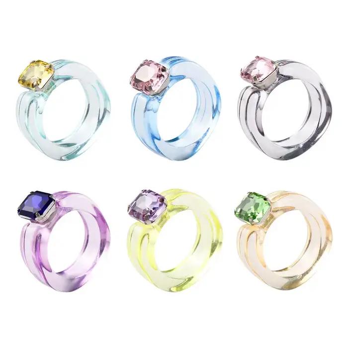 Bagues tendance vintage pour filles, en résine acrylique transparente avec strass, bijoux fantaisie