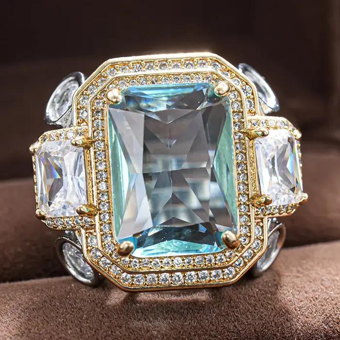Huitan – bague bicolore en forme d'octogone pour femmes, incrustée de CZ bleu vif, accessoires magnifiques pour fête, mariage, bijoux exquis et tendance