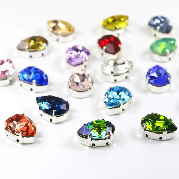 Cristal de verre goutte d'eau, Strass avec griffe argentée cousue sur Strass, pour couture chaussures vêtements robe, Cristal 3003