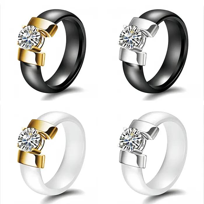 Bague de fiançailles en céramique noire et blanche avec zircon brillant, alliance de mariage hypoallergénique pour femmes, occasions spéciales et engagement