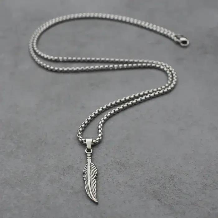 Collier pendentif plume classique en acier inoxydable couleur argent Boho feuille colliers chaîne bi