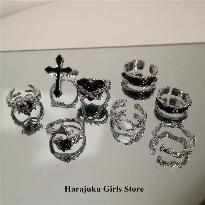Punk Harajuku Goth épines noir argent couleur coeur irrégulier croix anneau ouvert pour femmes hommes amoureux Vintage années 90 Y2K Grunge bijoux