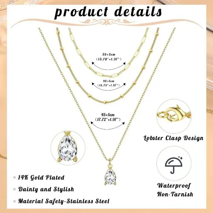 Collier en or à triple couche pour femmes en acier inoxydable forme de goutte d'eau avec zircone cubique pour superposition et belles occasions