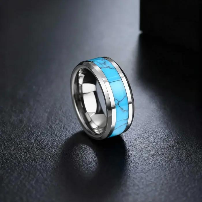Bague en acier tungstène sertie de pierres turquoises naturelles élégante pour hommes occasions spéciales de mariage et fiançailles