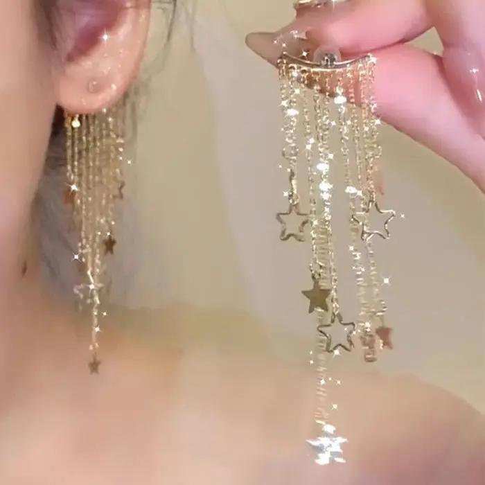 Boucles d'oreilles longues étoiles en Zircon scintillant pour femmes