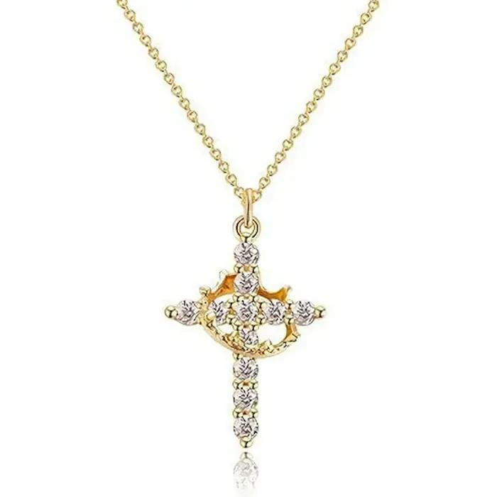 Collier avec pendentif couronne et croix rotative en or Rose pour femmes