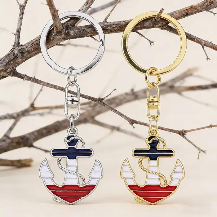 Porte-clés ancre nautique en émail pendentif métal rouge blanc bleu accessoire mode femmes hommes breloque sac cadeau fête noël occasion spéciale