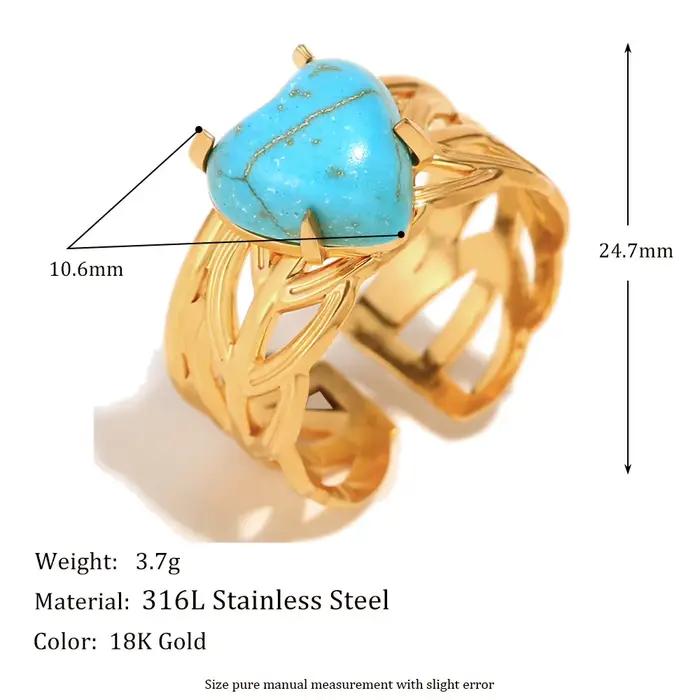 E.B.belle – bague d'ouverture en forme de feuille, pierre Turquoise bleue naturelle, cœur, plaqué or