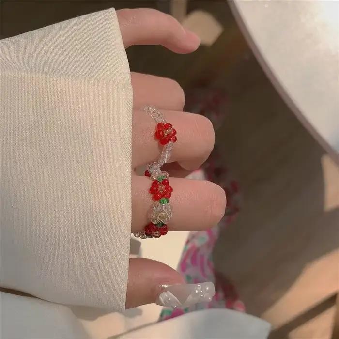 Nouvelle bague fleur tissée à la main, Sweet Little Qing, tendance ins, anneau élastique réglable perlé pour femmes