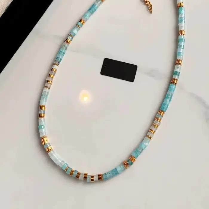 Collier de perles aigue-marine en pierre naturelle colorée pour femmes, fait à la main, léger, de luxe, petit arc de jaspe chinois, chaîne de cou, bijoux