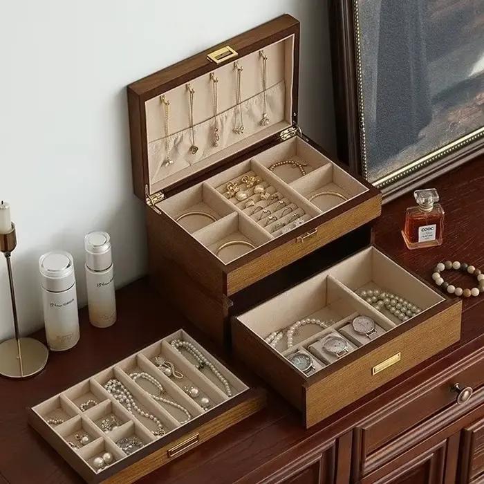 Boîte à bijoux en bois, grandes boîtes de rangement de luxe, boucles d'oreilles, bagues, bracelets, colliers, vitrine, fournitures d'organisation de bijoux pour femmes