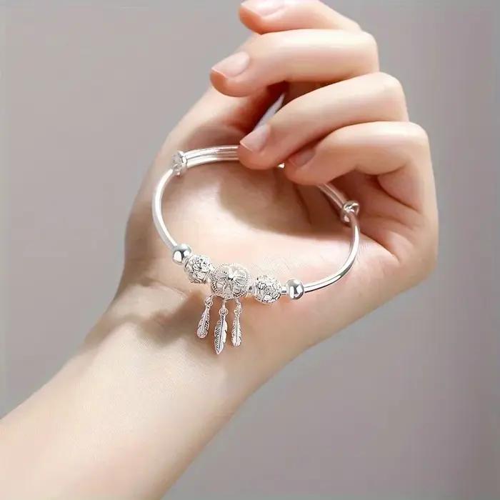 Bracelet en argent Sterling 925 attrape-rêves perles feuilles pompon élégant pour femmes occasions spéciales cadeau