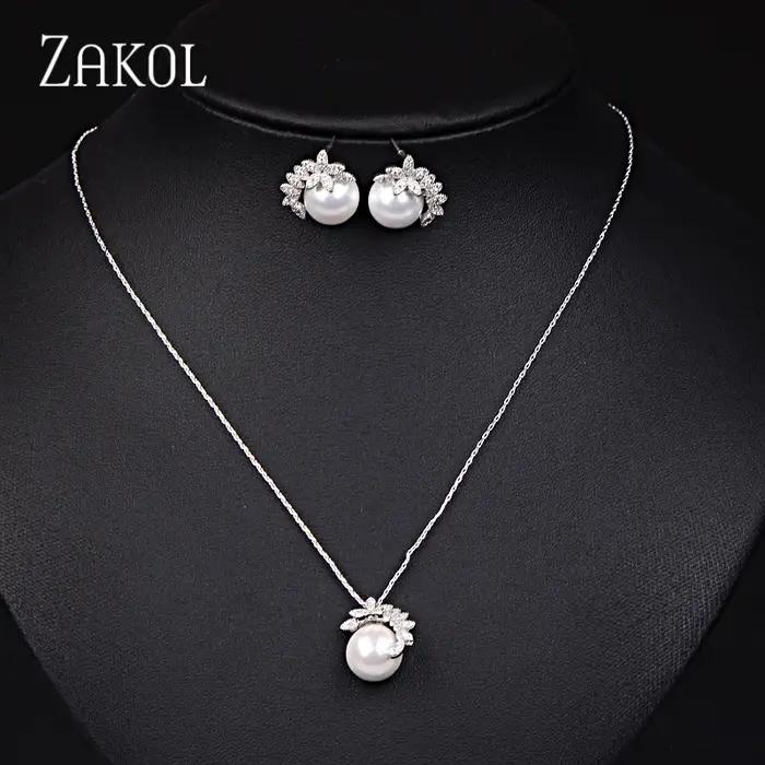 ZAKOL brillant rond imitation perle collier boucles d'oreilles ensemble pour les femmes mode cubique zircone mariage bijoux accessoires