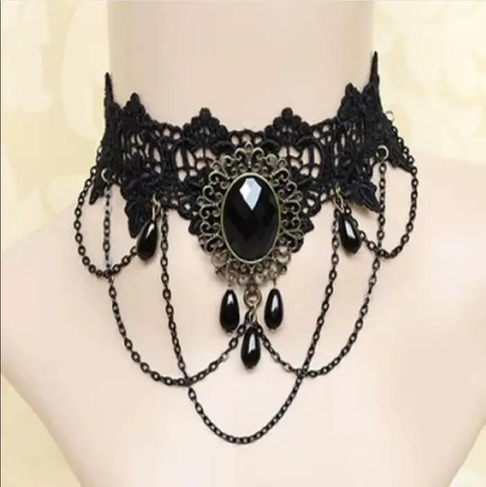 Collier gothique victorien en dentelle noire pour femmes et filles, style Boho, pompon en cristal, r