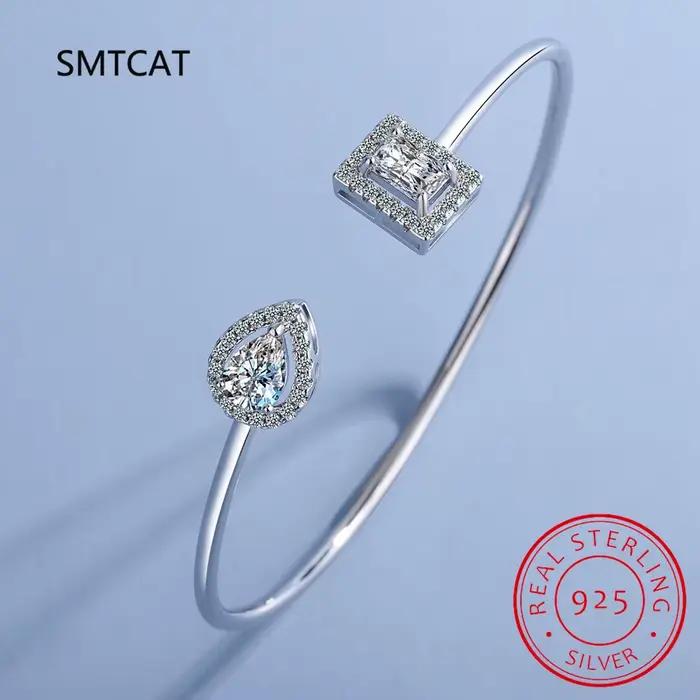 Bracelet ouvert ajustable en argent sterling 925 avec moissanite taille radiant et diamant goutte d'eau pour femme, idéal pour mariage