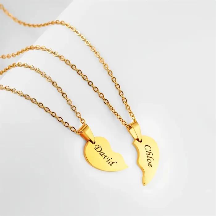 Collier personnalisé avec nom, cœur entrelacé, en acier inoxydable, 2 colliers en forme de cœur séparé, cadeau d'anniversaire pour garçons et filles