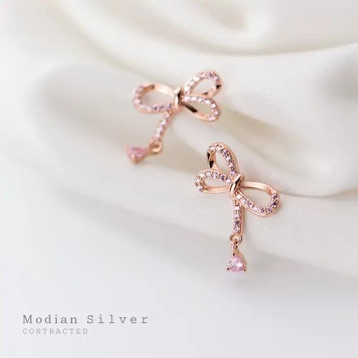 Boucles d'oreilles à nœud papillon en argent sterling 925 avec cristal rose pour femmes occasions spéciales elegance romantique
