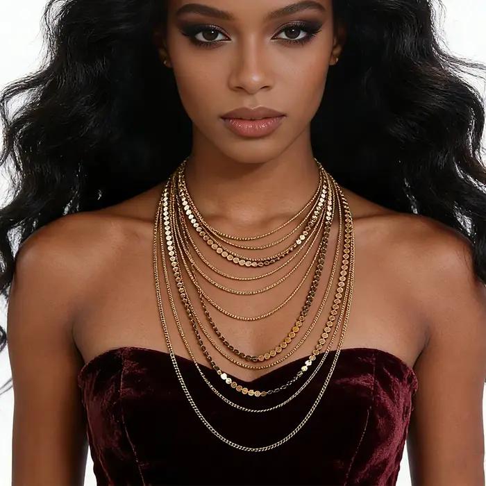 Collier Statement Multicouche Doré - Chaînes Mixtes et Paillettes Disques - Bijou Long Superposé en