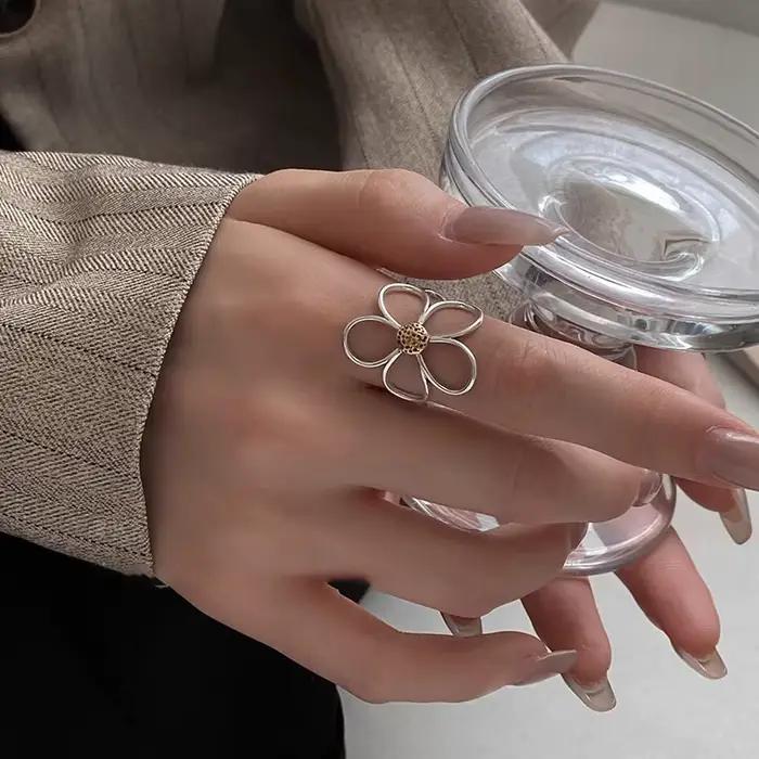 CALYMIX 925 bagues en argent Sterling pour femmes Couple minimaliste fait à la main Simple grande fleur bague fête bijoux cadeau prévenir l'allergie