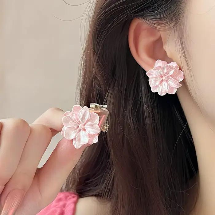 Boucles d'oreilles à tige fleur rose en résine pour femmes, mode coréenne moderne, camélia acrylique