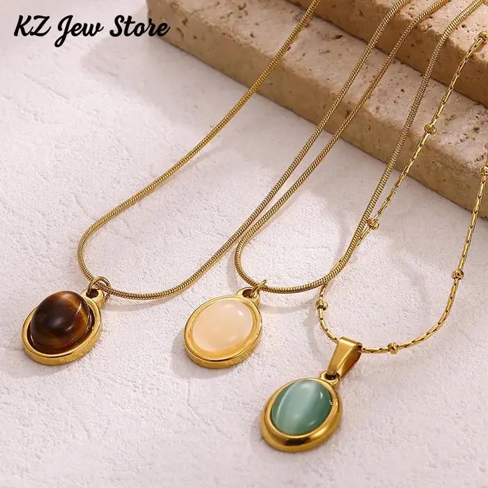 Collier Vintage en pierre marron élégant pour femmes, bijou de fête en acier inoxydable, cadeau pour occasions spéciales comme anniversaire, mariage, fiançailles