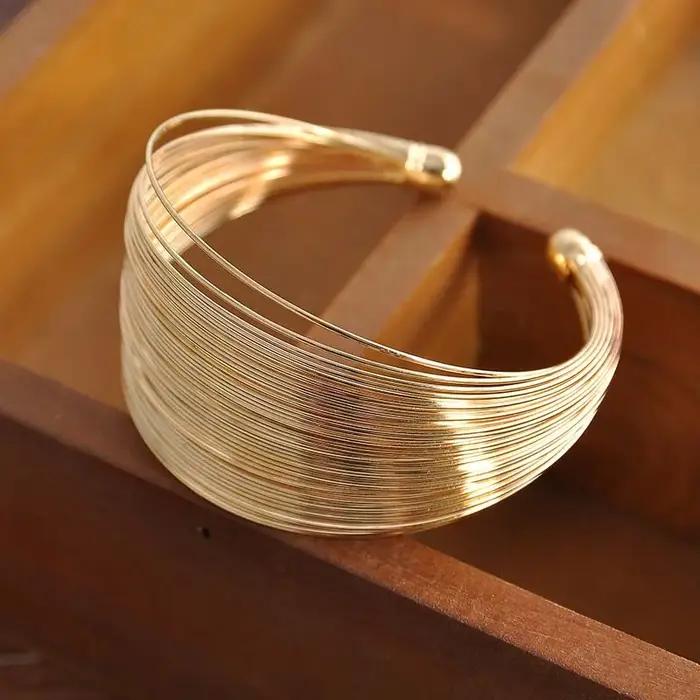Vintage couleur or hyperbolique couches large fil Bracelet manchette Bracelet pour femmes exagéré mé