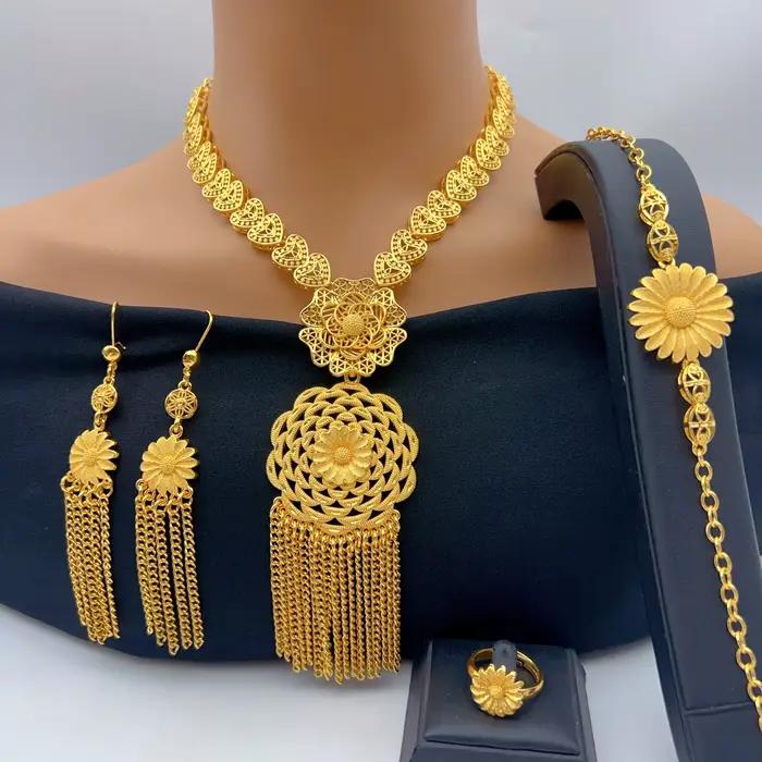 Parure de collier long à pampilles couleur or 24K indien, bijoux de luxe nigériens, éthiopiens, de Dubaï pour fêtes, mariages et mariées, vente en gros, cadeaux