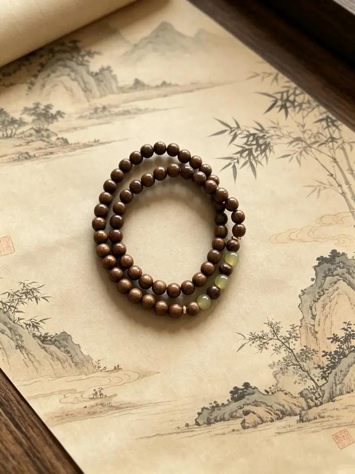 Bracelet double boucle en bois de santal naturel avec accents en jade pour femmes, bijoux zen et apaisants pour les occasions spéciales et quotidiennes