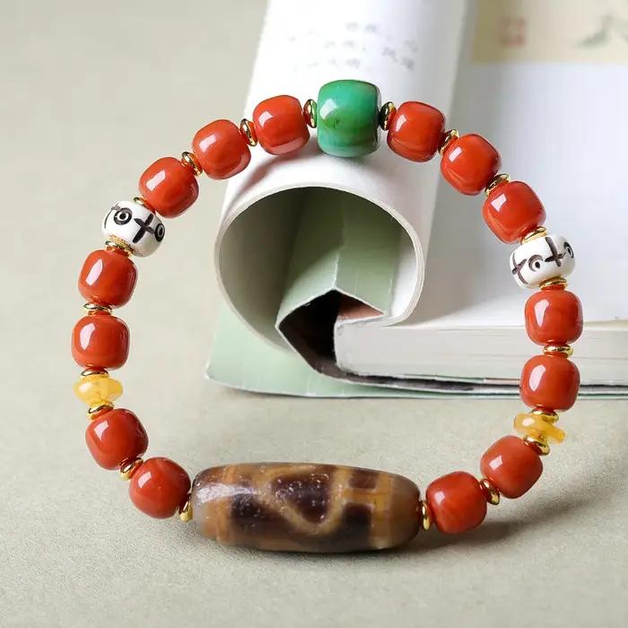 Bracelet en perles d'agate rouge de conception originale, style tibétain, patine, perles Bodhi Dzi,