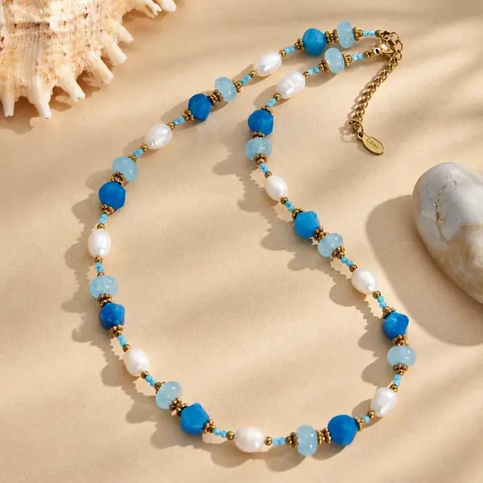 Colliers faits à la main avec perles d'eau douce, perles de pierre bleues facettées, collier pour femmes, plaqué or 18 carats, acier inoxydable