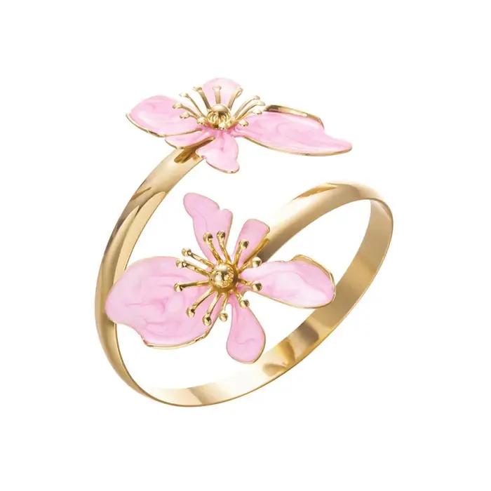 Bracelet manchette ouvert élégant en émail floral pour femme, en métal plaqué or, motifs roses, blan
