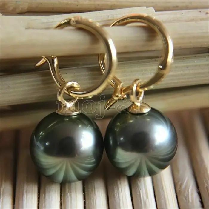 Boucle d'oreille en perles de coquillage de mer du sud noires de Tahiti, 16mm, or 18 carats, beaux b