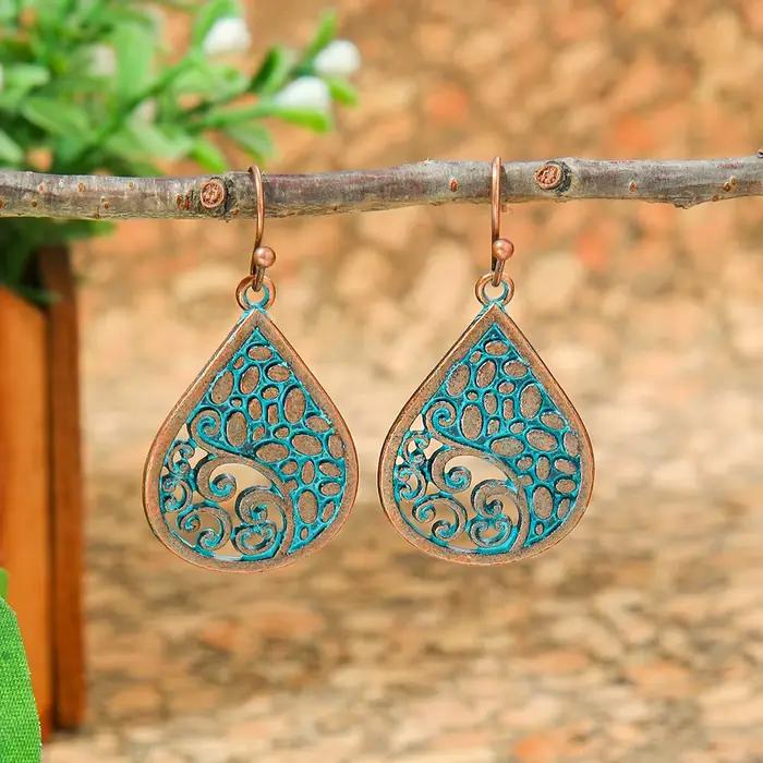Boucles d'oreilles creuses ethniques pour femmes, boucles d'oreilles en métal bronze antique, boucles d'oreilles en forme d'arbre géométrique, boucles d'oreilles rondes, bijoux indiens, nouveau