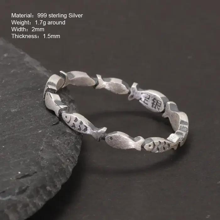 Bague de poisson de natation en argent pur 999