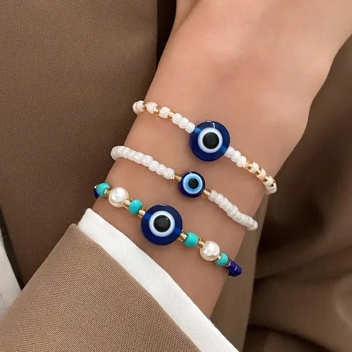 Lucky Evil Eye-Ensemble de bracelets de perles de riz réglables pour femmes et hommes